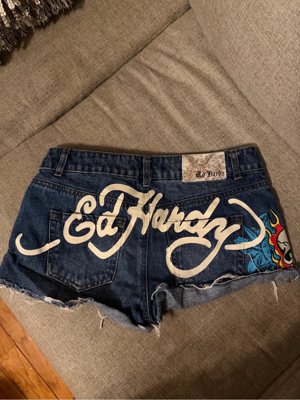 Ed Hardy Dark Blue Denim Shorts with White Logo and Multicolor Graphic